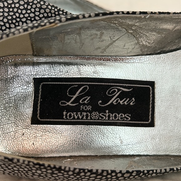 GENUINE VINTAGE Black white polka dot kitten heels 1950s 1960s Leather - Picture 9 of 11